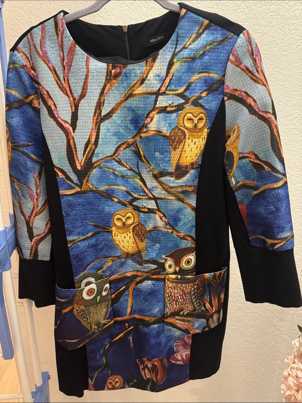 Women's Owl-Print Panel Tunic in Blue and Black